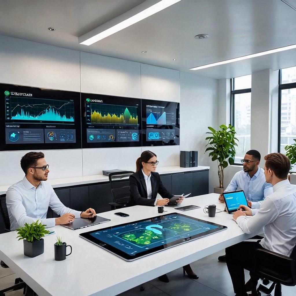 A modern office environment featuring a digital dashboard displaying various water and air filter systems in action, highlighting icons of protection and security. Include an attentive team gathered around a sleek table, discussing strategies for online coverage with futuristic gadgets on the table. The ambiance should depict a serene and safe atmosphere with green plants suggesting freshness and vitality. super-realistic. vibrant colors. 3D.