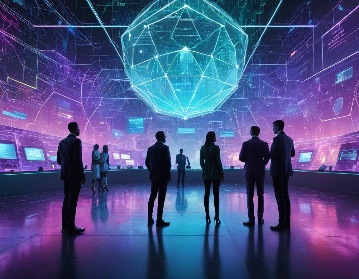 A futuristic digital landscape showcasing a diverse network of interconnected web-based insurance policy platforms, featuring diverse people engaging with holographic interfaces. Include elements symbolizing security and innovation, like glowing shields and data streams. Incorporate a backdrop of evolving technology and abstract representations of the insurance market. vibrant colors. cyberpunk.