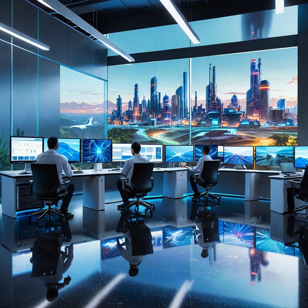 A futuristic landscape showcasing an American factory with advanced filtration systems and digital interfaces. Include workers collaborating with high-tech devices, surrounded by flowing digital data streams representing insurance solutions. Display vibrant colors reflecting innovation and security, with a backdrop of a bright skyline and clear blue skies. super-realistic. vibrant colors. 3D.